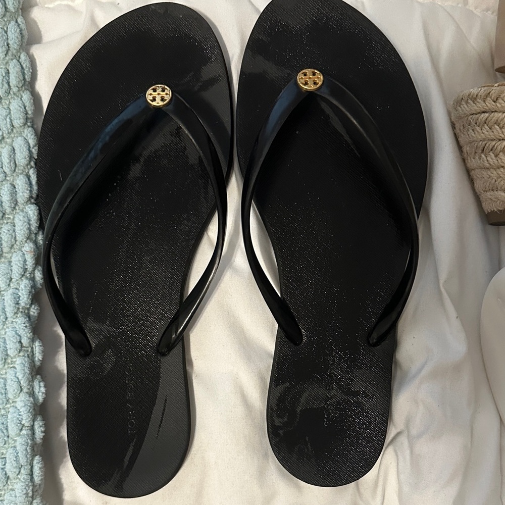 Tory Burch Black Sandals with Gold Logo